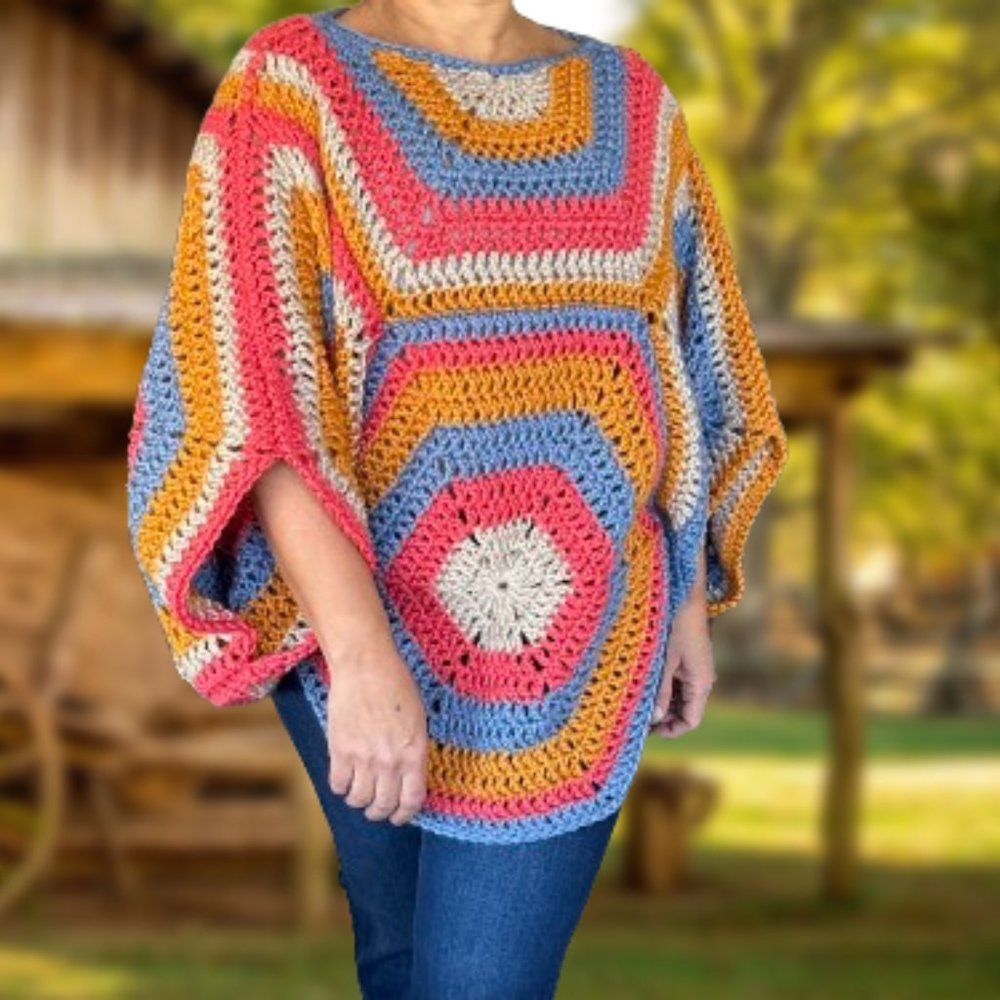 Handmade Oversized Hexagon Granny Square Crochet Cardigan, Chunky Knit Jacket, B